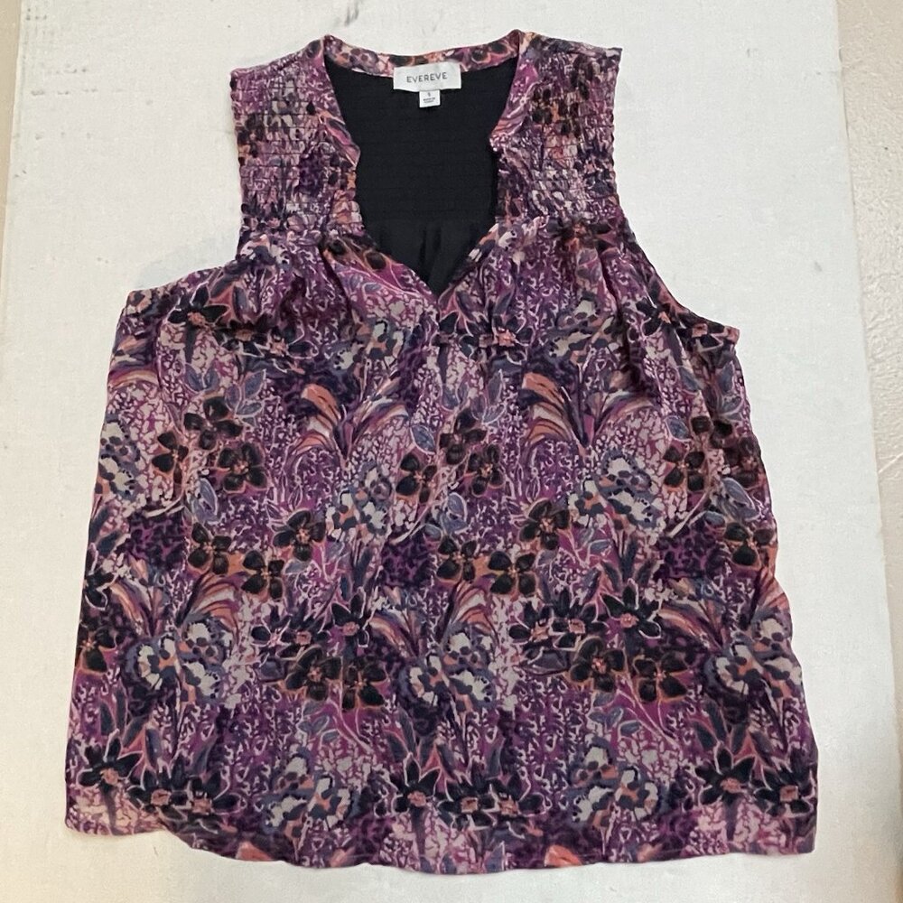 Evereve Blouse Brandi Smocked Chiffon Womens Small Purple Floral Lined Pullover
